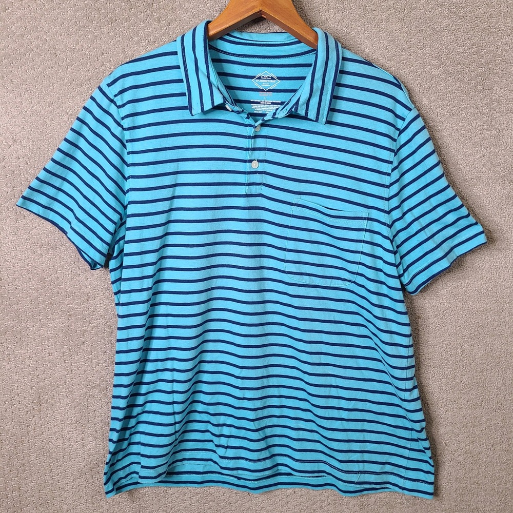 St Johns Bay Shirt Mens L Blue Striped Polo Classic Fit Cotton Blend Casual